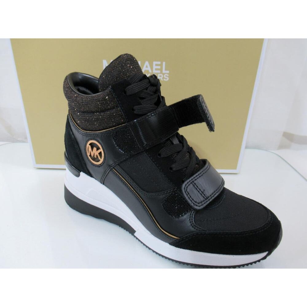 Michael Kors Gentry High Top Wedge Trainer Sneakers MK Logo Black Bronze Size 9 - Picture 6 of 7